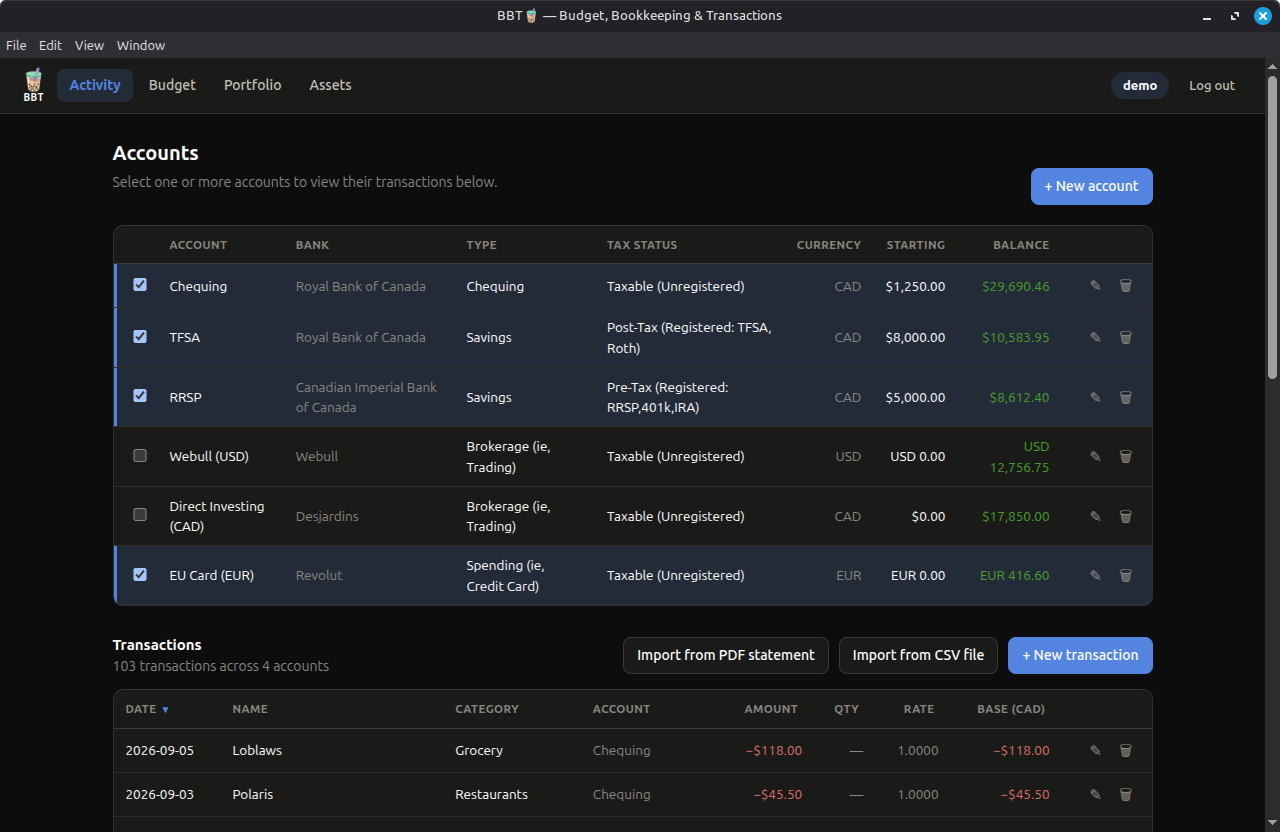 BBT Activity screen listing accounts and transactions.