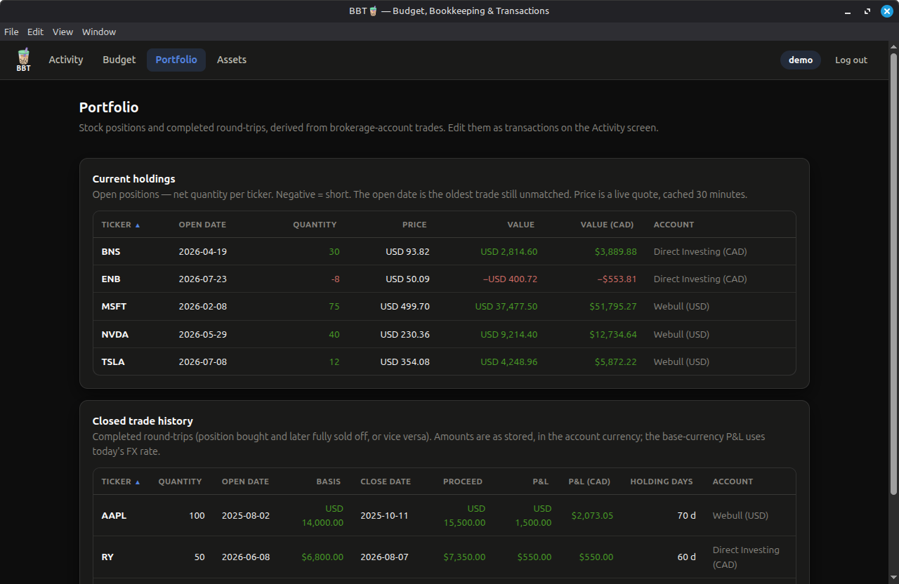 BBT Portfolio screen with holdings and trade history.