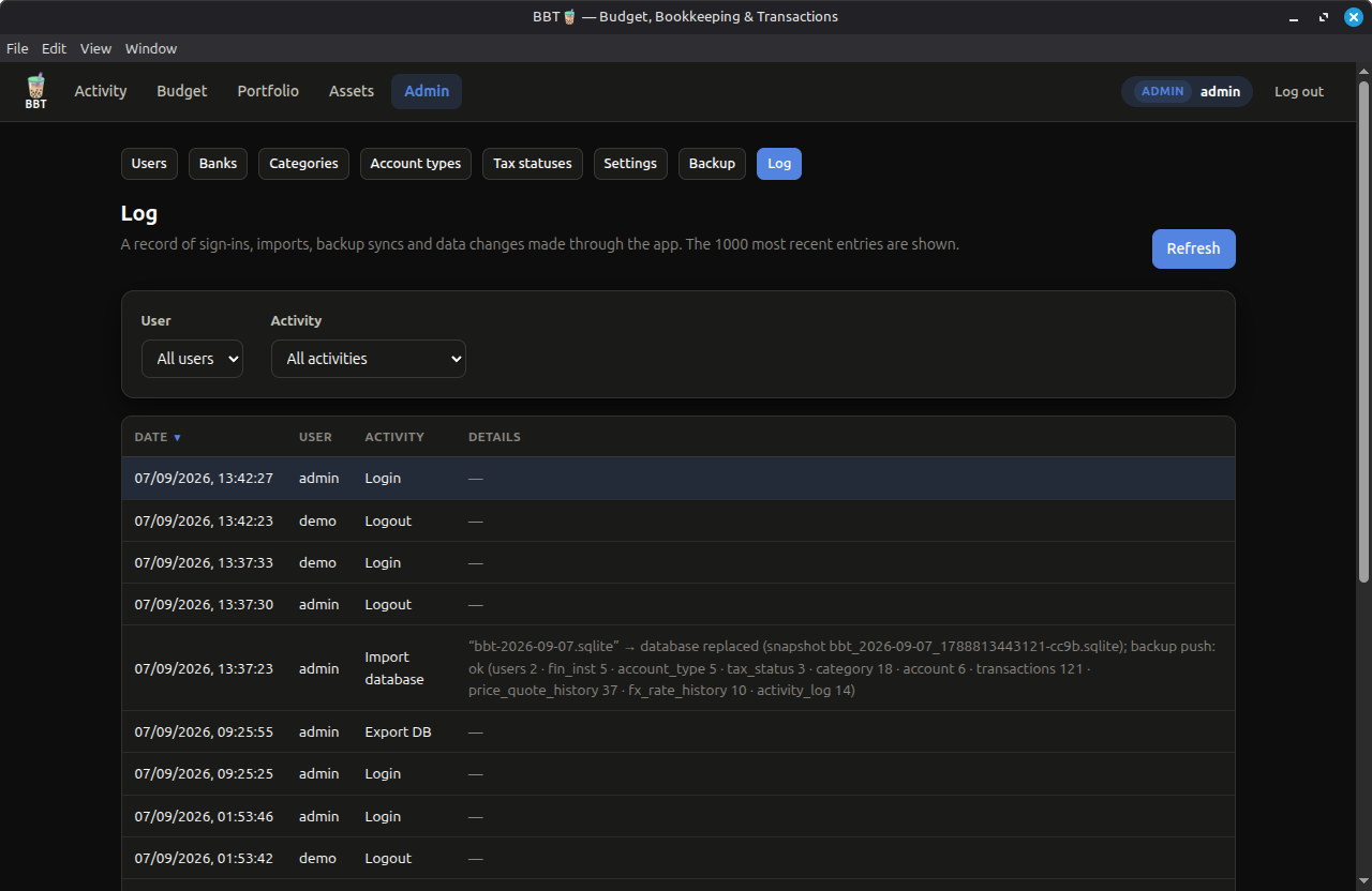 BBT Admin Settings screen.